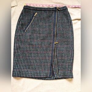 Petite J. Crew Classic Slim Pencil Skirt Houndstooth 100% Wool Navy Multi 0P Zip